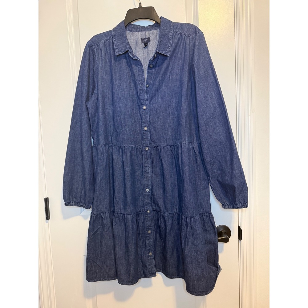 J.Crew Denim Tiered Shirt Dress Womens 14 Blue Excellent Long Sleeve Lightweight